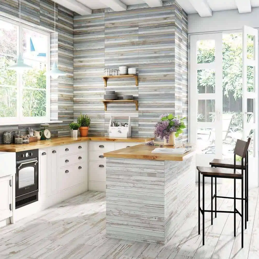 Wooden tiles for flooring and walls of kitchen