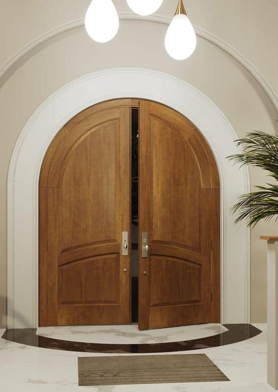 Contemporary wooden gate with lamps