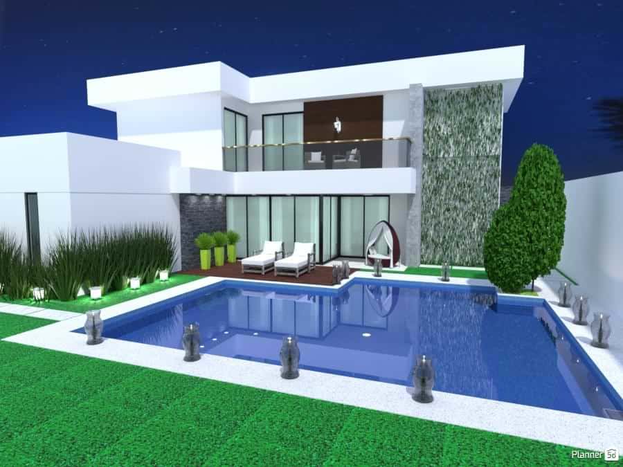 Planner 5D white family house with pool 3D image