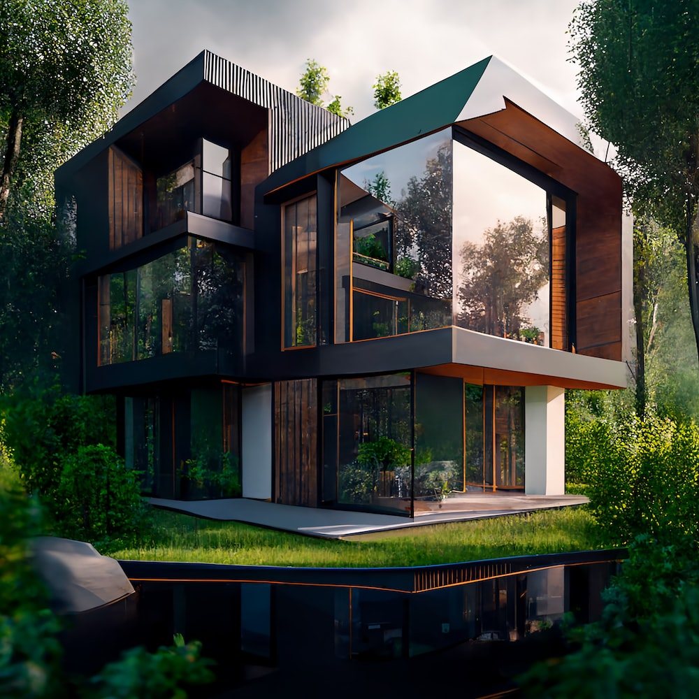 home designing front, 3D housing elevation design, trees around, glass windows