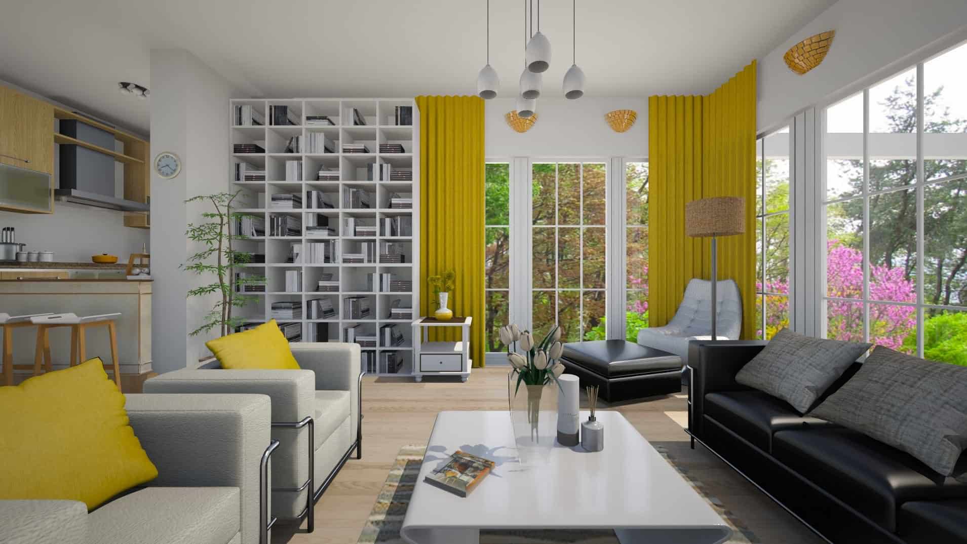 white and yellow living room design in 3d