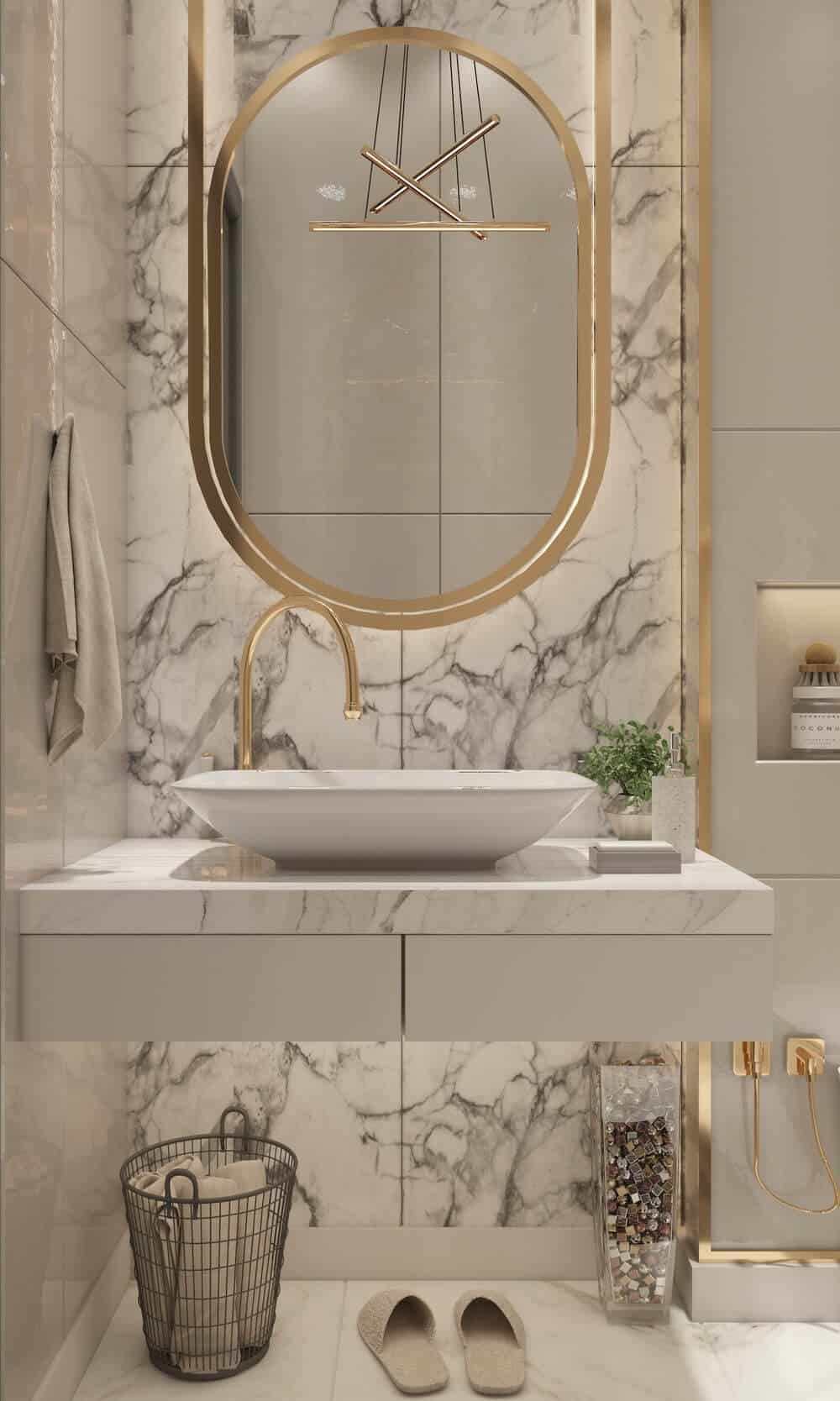beige bathroom interiors with mirror