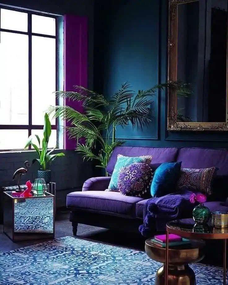 Living room with analogous colour scheme with plans and couch