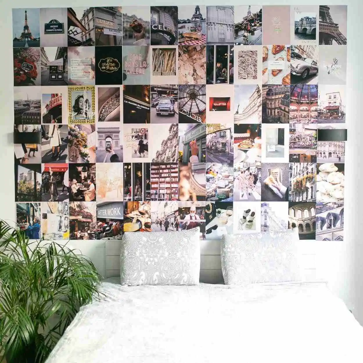 photo collage wall decoration in bedroom with white bed