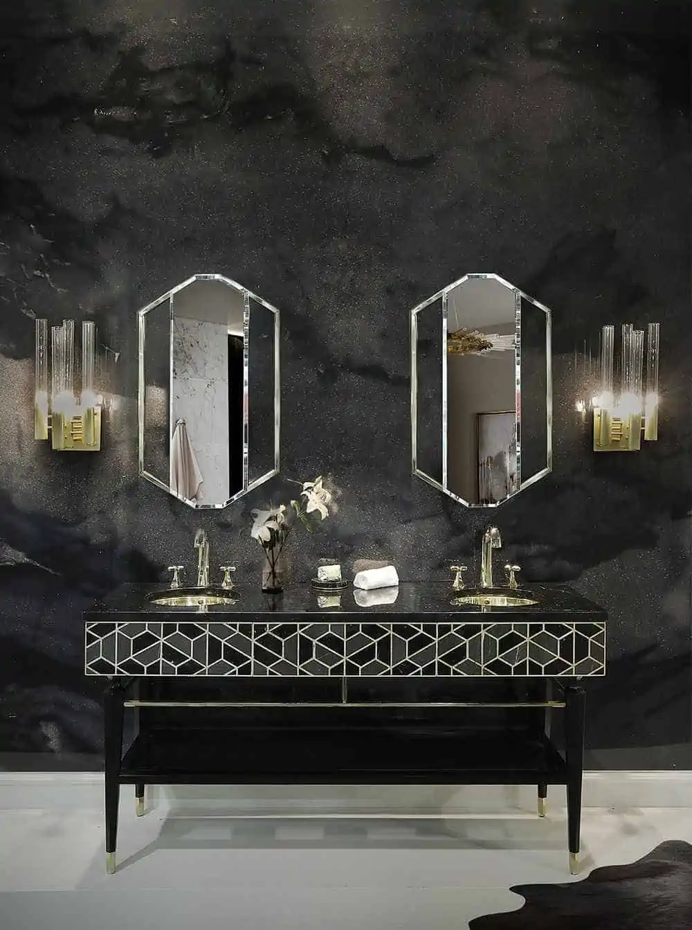 black bathroom with twin mirrors and metallic work washbasin design with cabinet and a mirror in hall