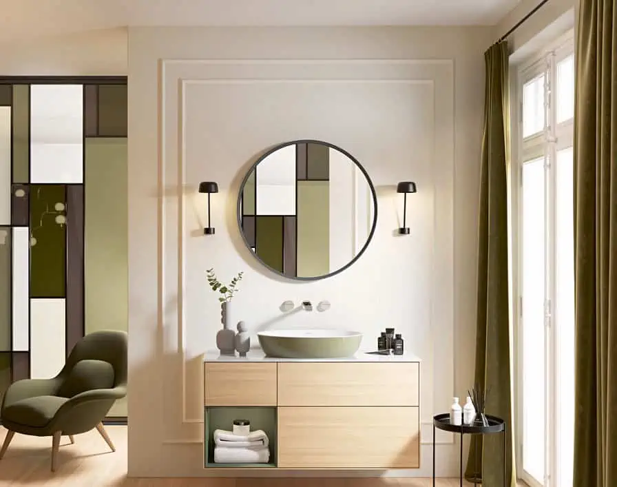 washbasin with a light brown wooden cabinet, a mirror, indoor plants, chair, washbasin design in hall