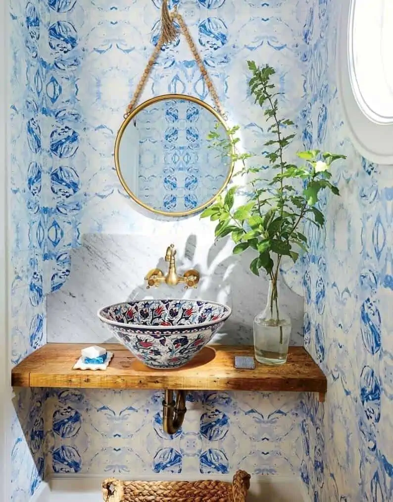 eccentric blue bathroom with mirror, indoor plant, wooden counter and blue washbasin Modern washbasin design for hall