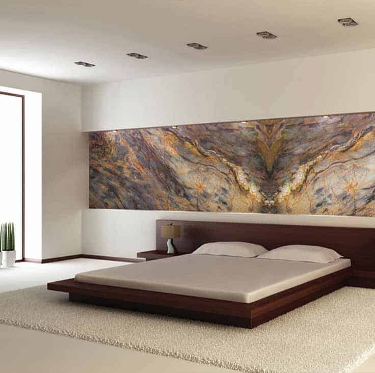 bedroom with brwon marble-pattern accent wall