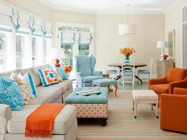 sky blue, orange complementary colour scheme in living room
