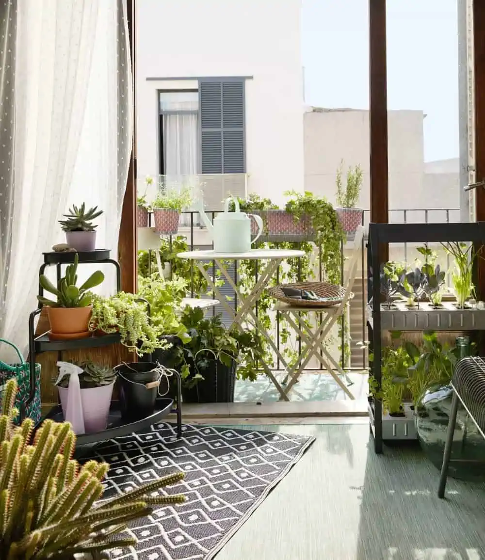 beautiful balcony for tea party with lots of plant and