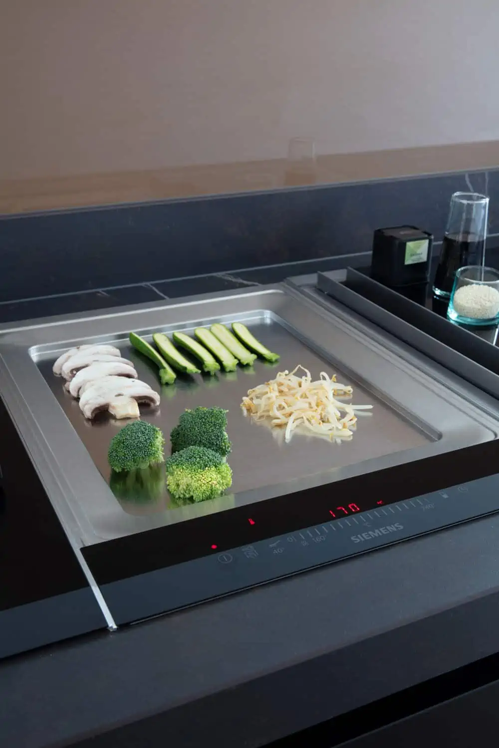 steel grey Domino Teppan Yaki hob by Siemens, built in gas hobs