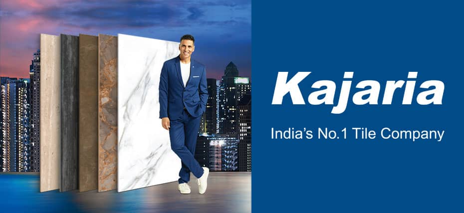 Kajaria brand banner image in blue colour with Akshay Kumar and Logo- Kajaria ceramics is among the best tile manufacturing companies in India