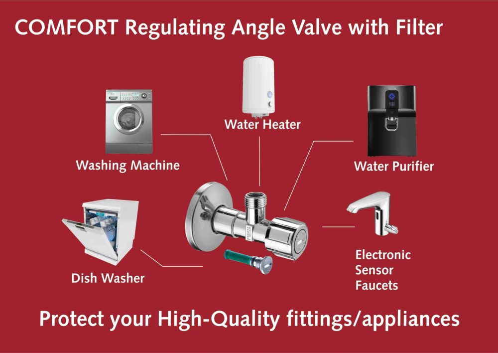 Filter angle stop valve for toilets and sink with a picture with maroon background