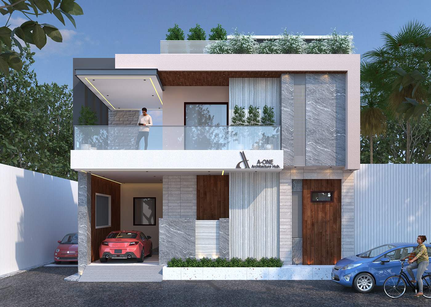 normal house front elevation design with tiles, lawn in the front, glass, car parking, villa, bungalow