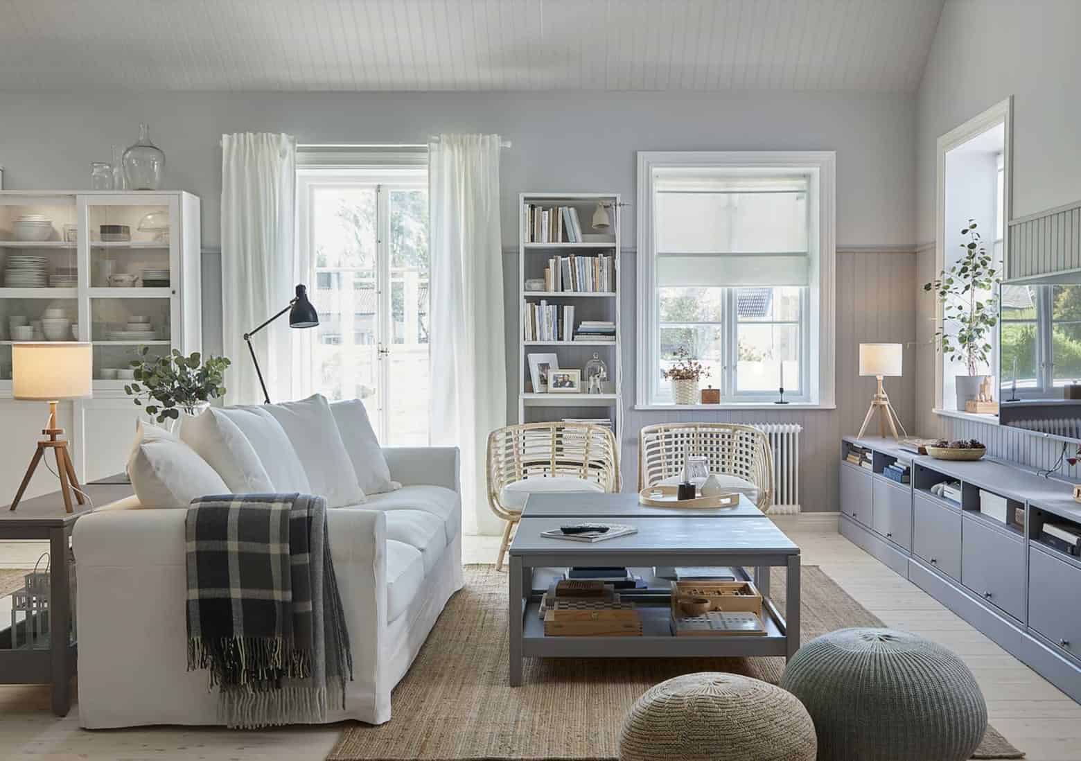 living room with storage cabinets from ikea and white couch