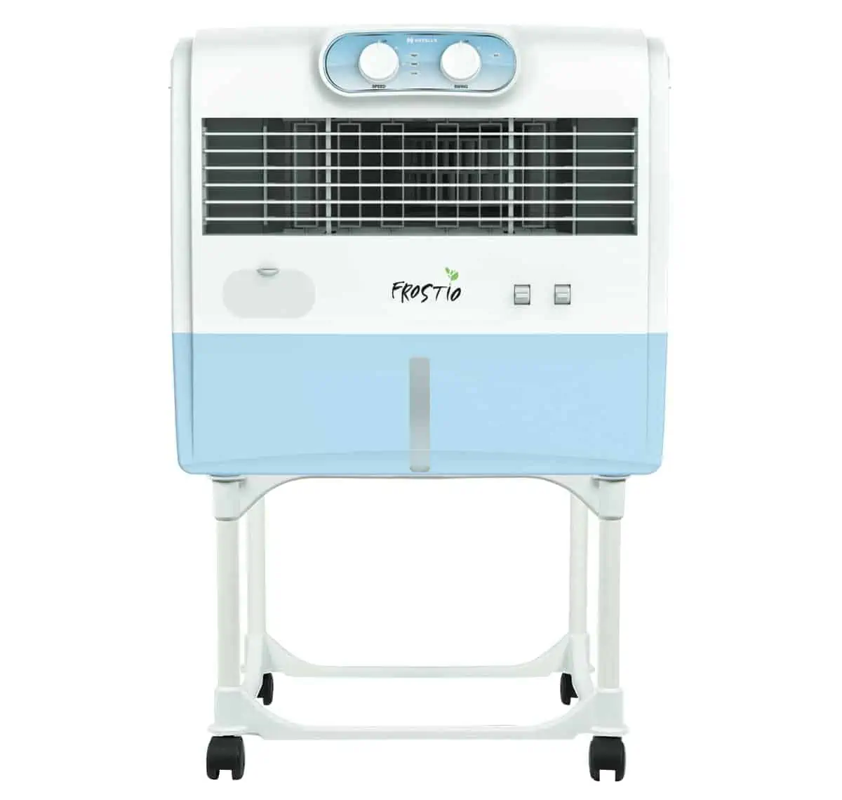 Window cooler from havells in white and light blue colour on stand