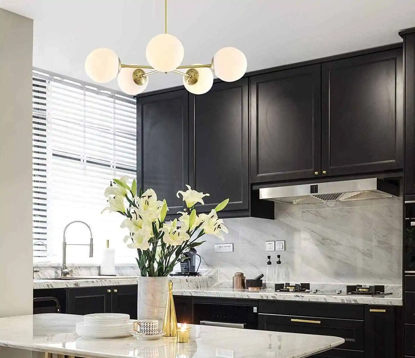 ceiling lights in a kitchen with an indoor plant, table and sink with black interiors