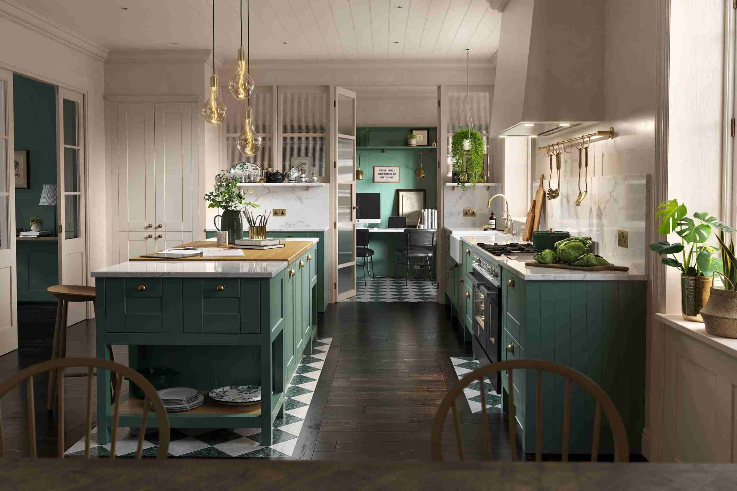 green colour kitchen interiors with hanging lights and indoor plants