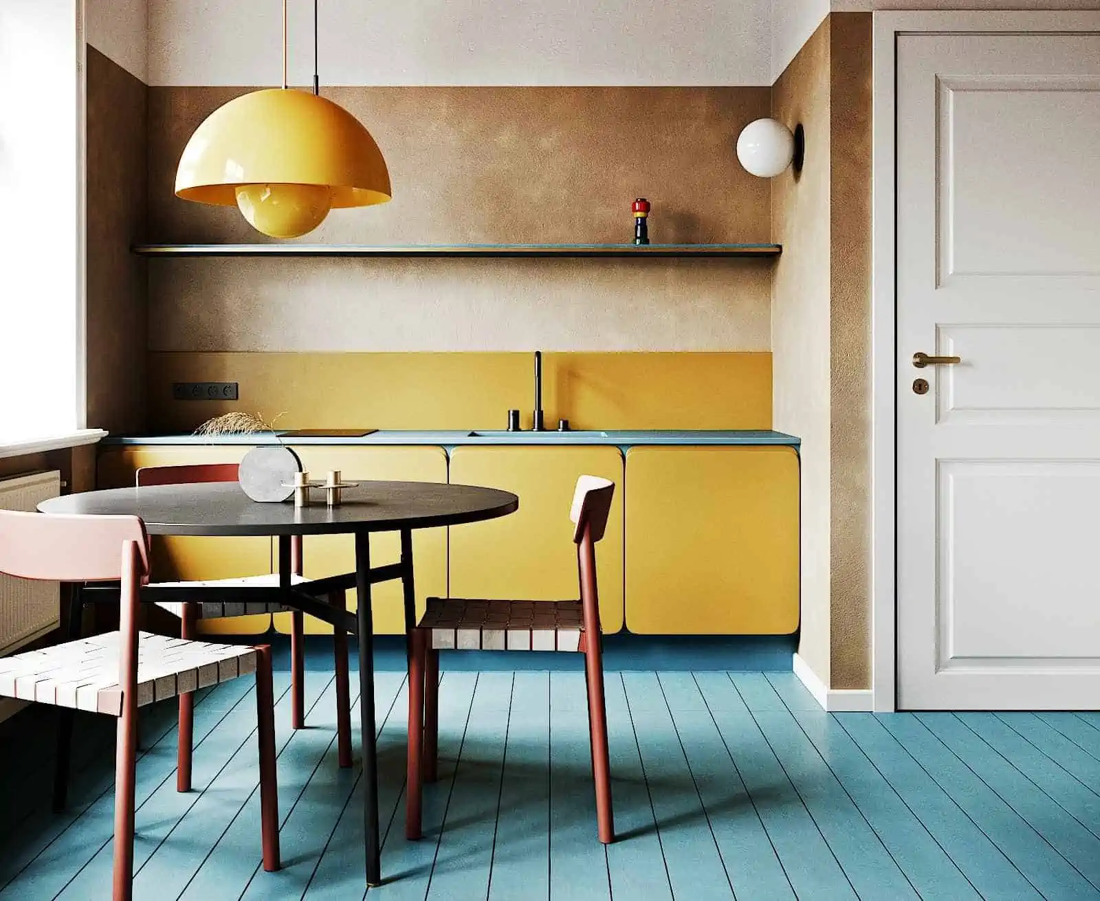 yellow kitchen interiors with a lamp and a small dining table