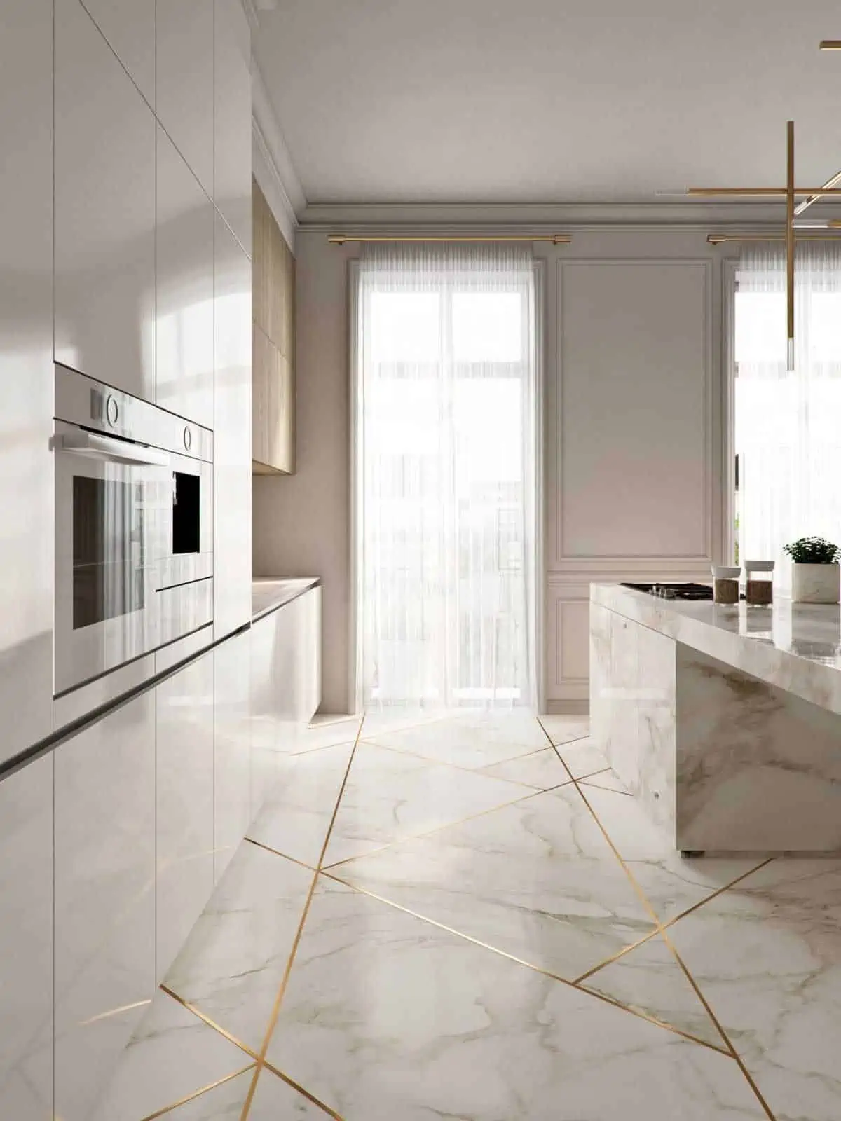 stunning marble kitchen floors with golden stripes