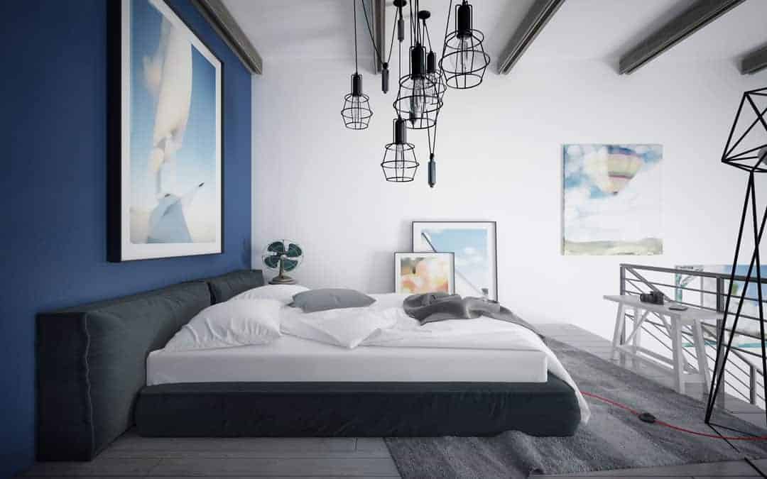 Indigo and white wall colour combination for bedroom