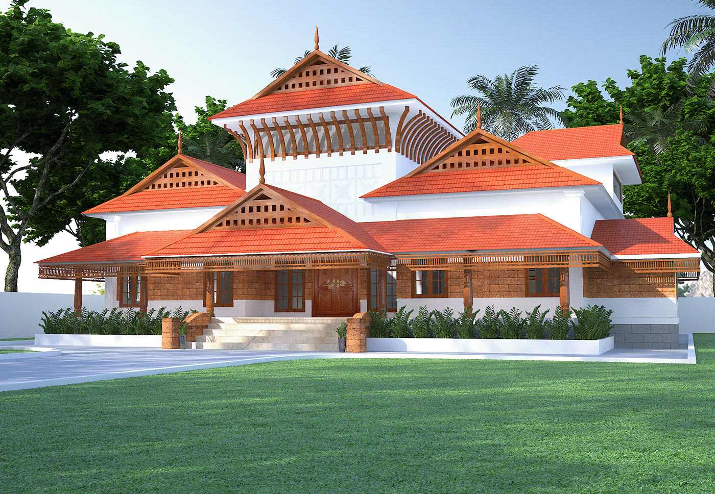 home designing front, kerala style building elevation design, wooden accents, grass around