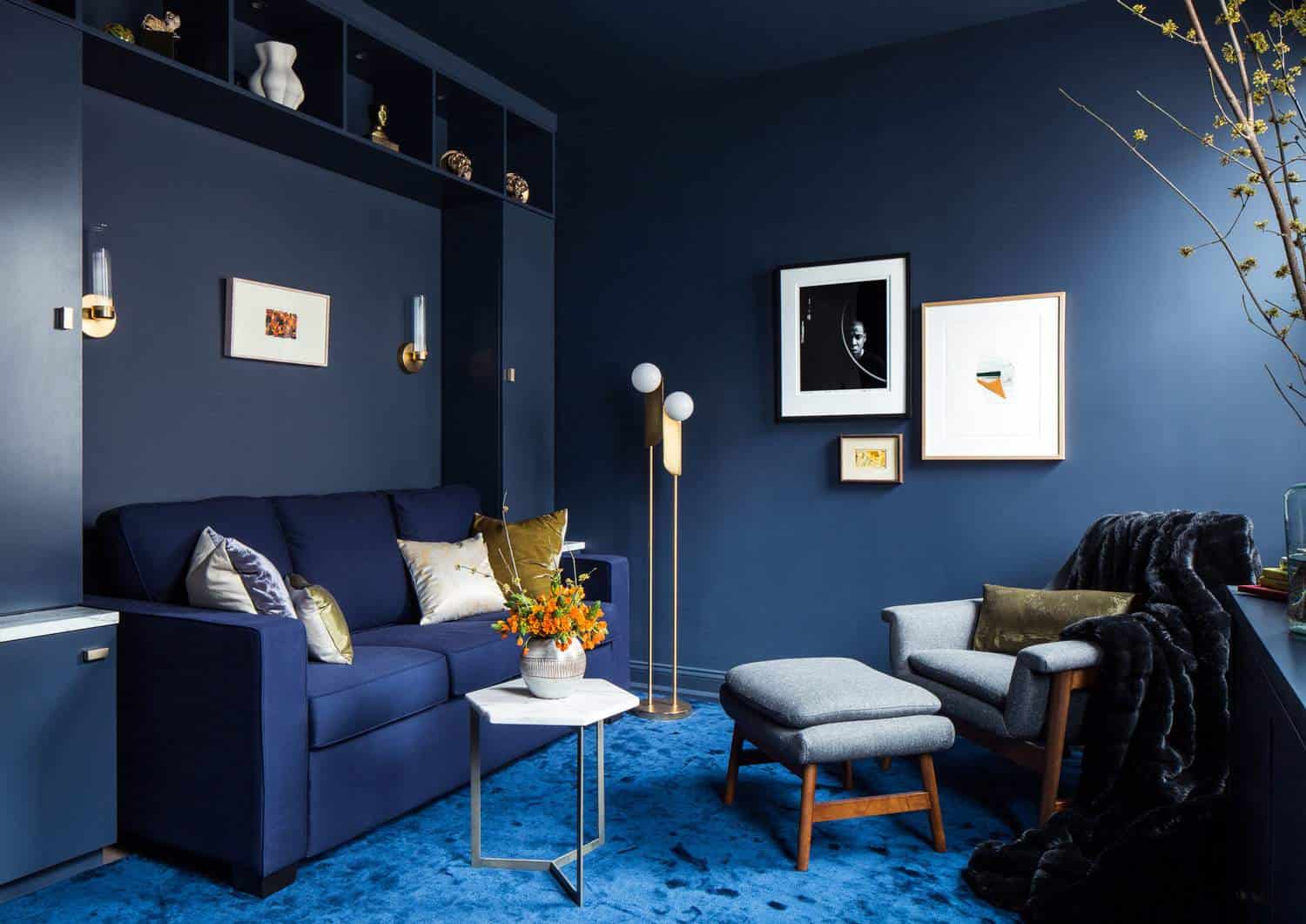 Small living room decoration interior design idea with blue colour walls and sofa