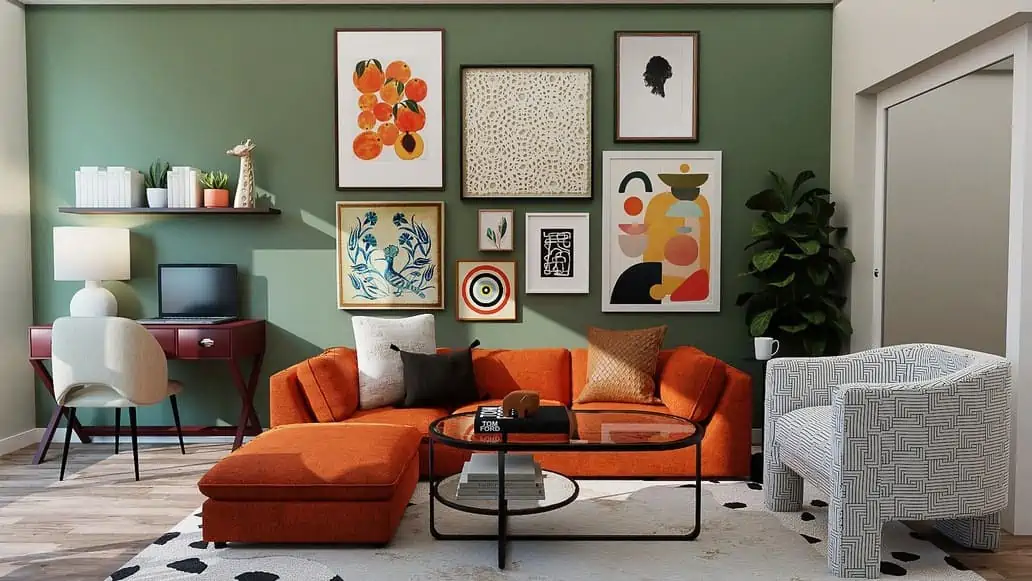 picture gallery wall on a green living room wall with a brown sofa, chair and table
