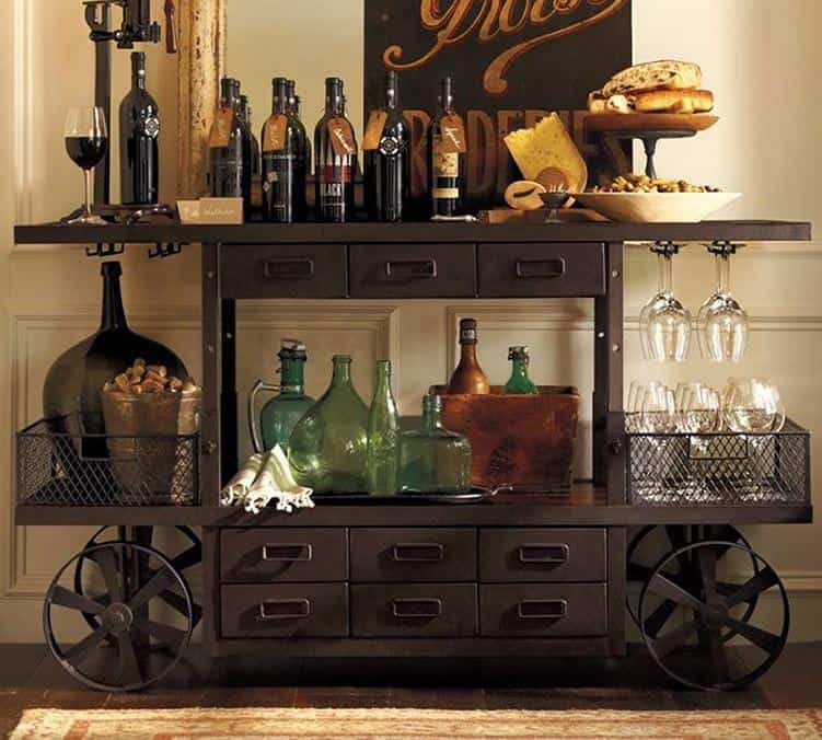 Unconventionally shaped bar cart in dark brown