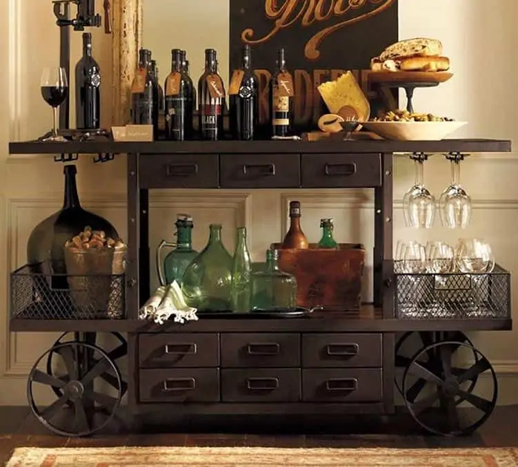 Unconventionally shaped bar cart in dark brown