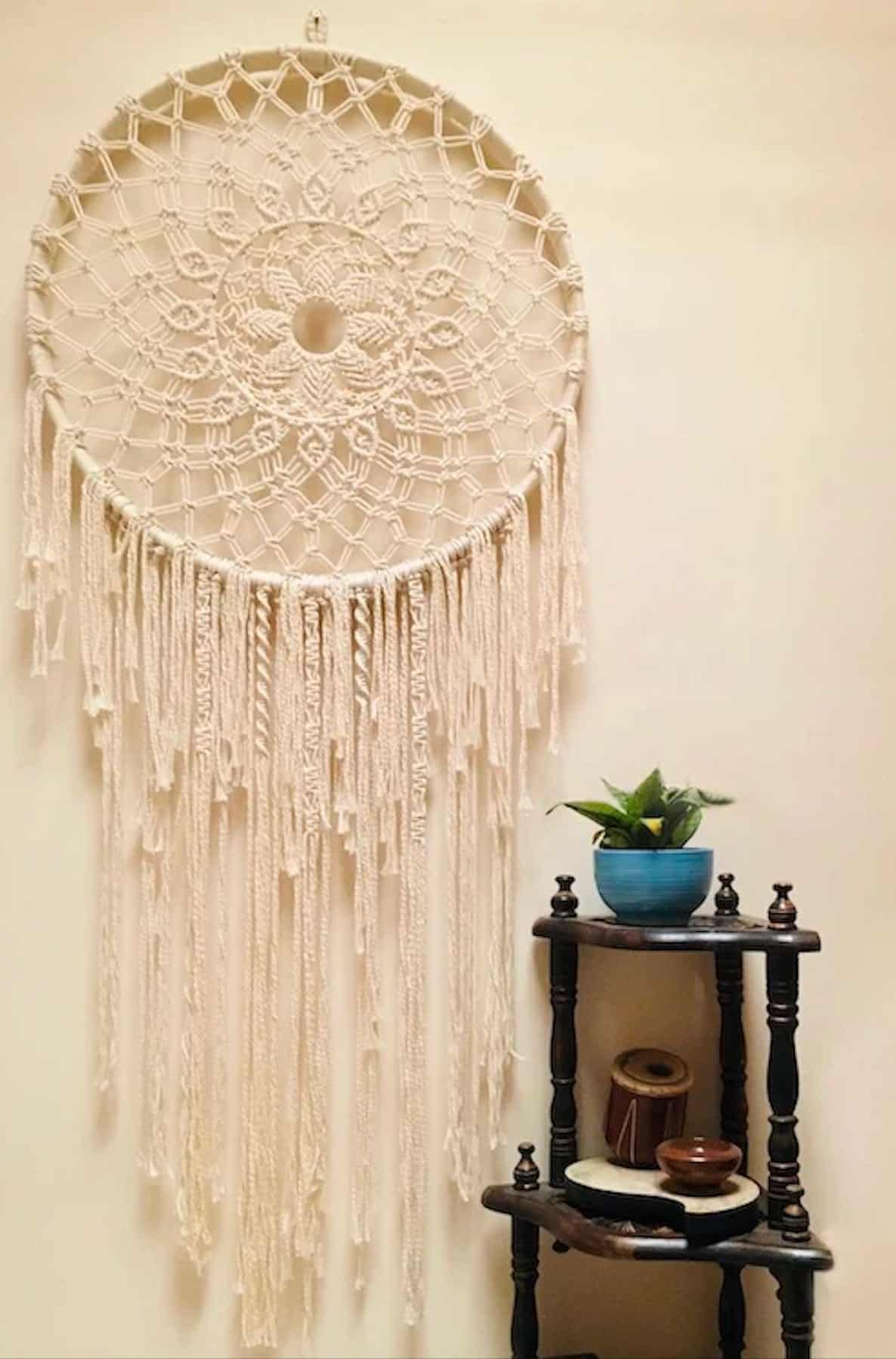 Mandala style wll hanging in off white macrame for living room decor