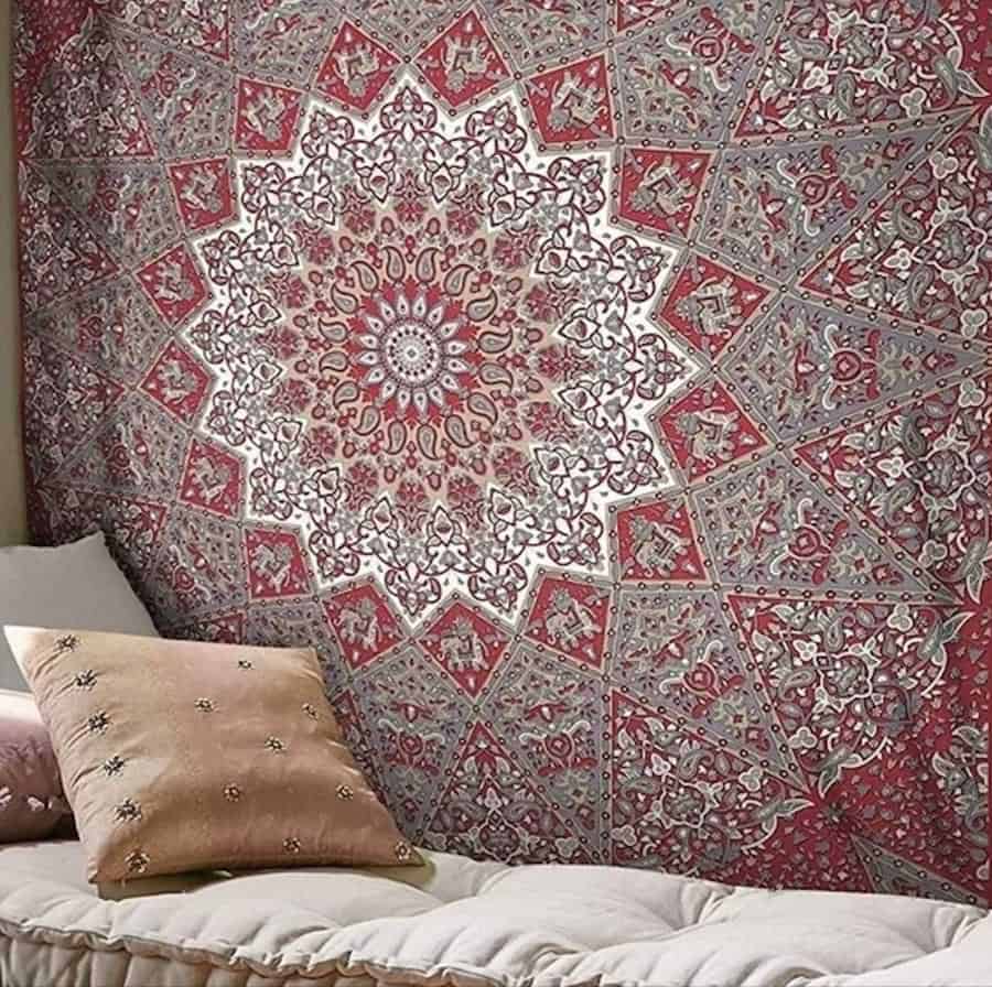 Maroon wall tapestry with hippie Mandela print 