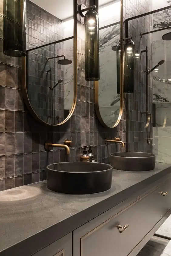 black bathroom with a mirror, tap and a washbasin design with cabinet and a mirror in hall
