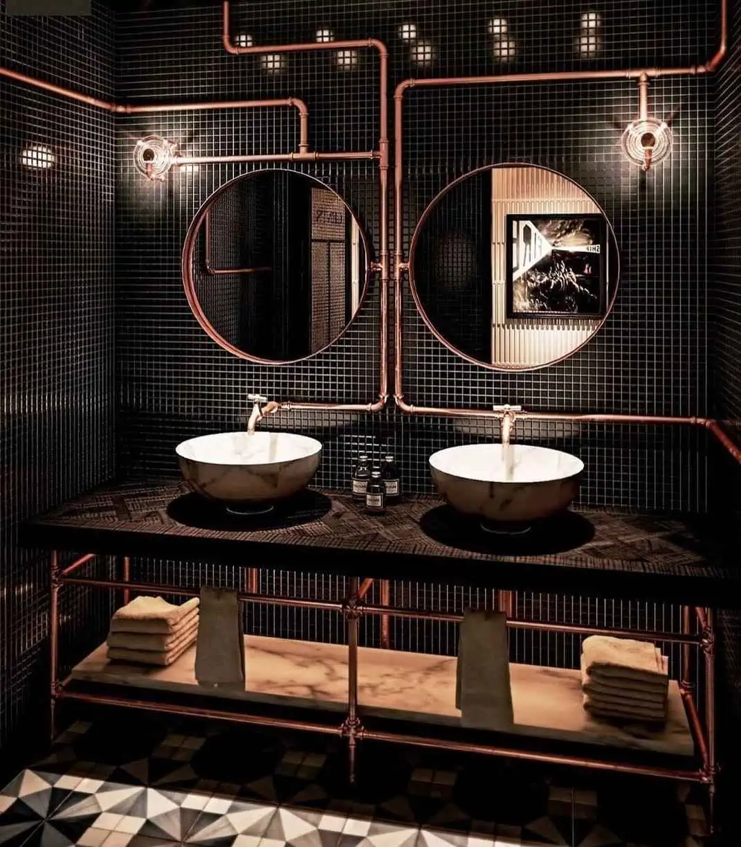 black bathroom with a tap, a mirror and washbasin design with cabinet and a mirror in hall