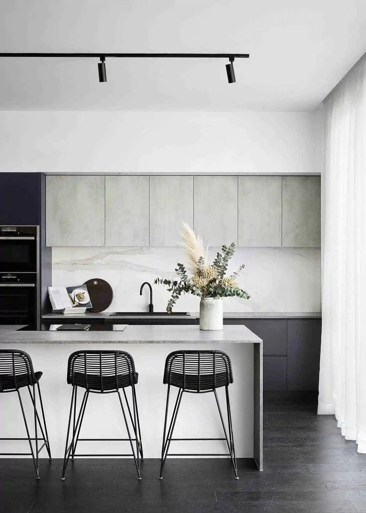 white and black kitchen interiors with an indoor plants