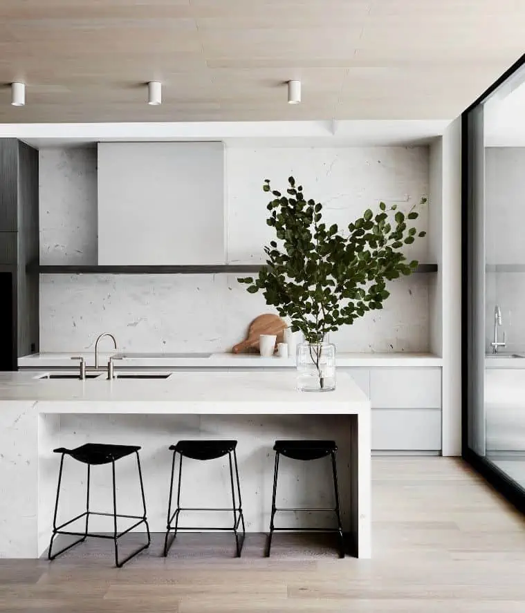 white kitchen interiors with indoor plant and three chairs