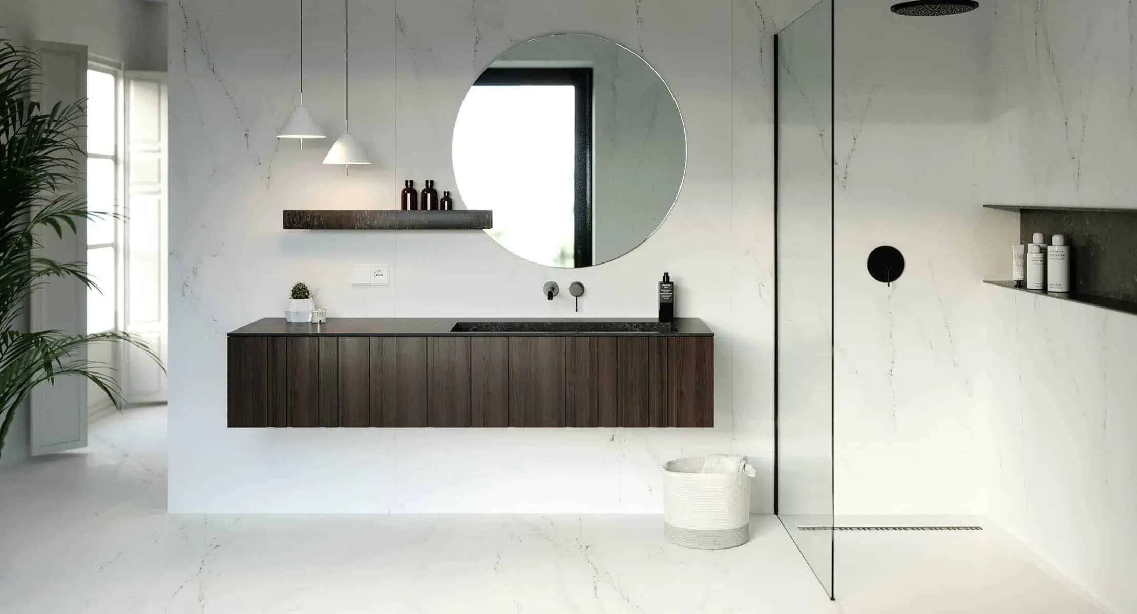 washbasin with a mirror and brown counters