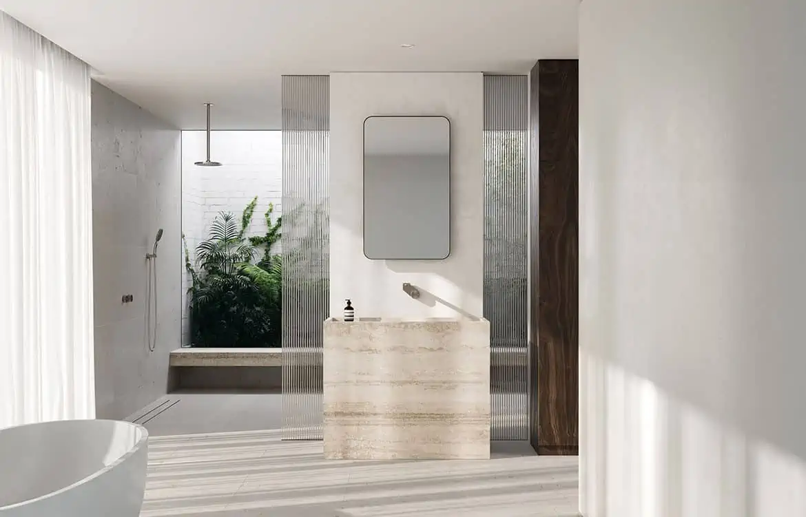 beige washbasin with mirror, indoor plants