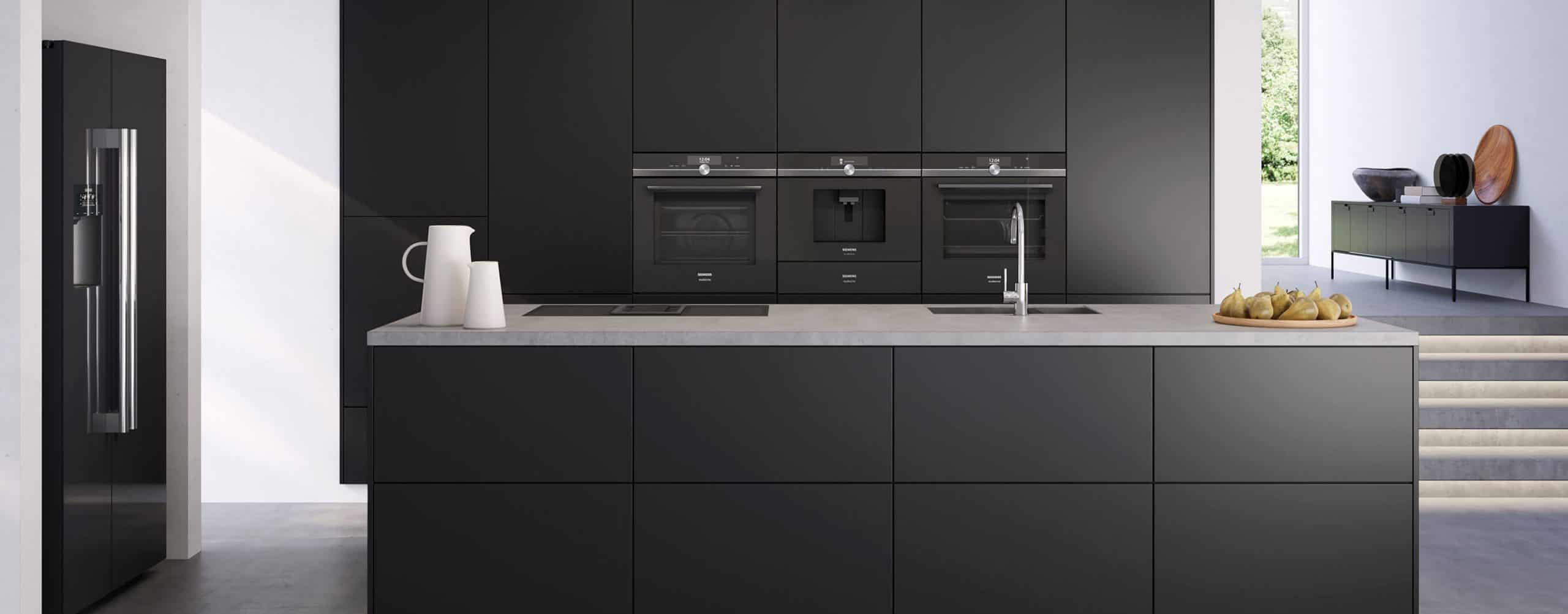 black modular kitchen with built in appliances, luxury kitchen with siemens appliances, built in oven, refrigerator