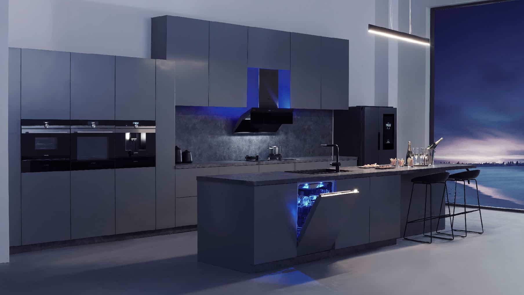 modern kitchen design, modern premium kitchen with built in appliances, Siemens built-in appliances with emotion lighting for modern kitchens