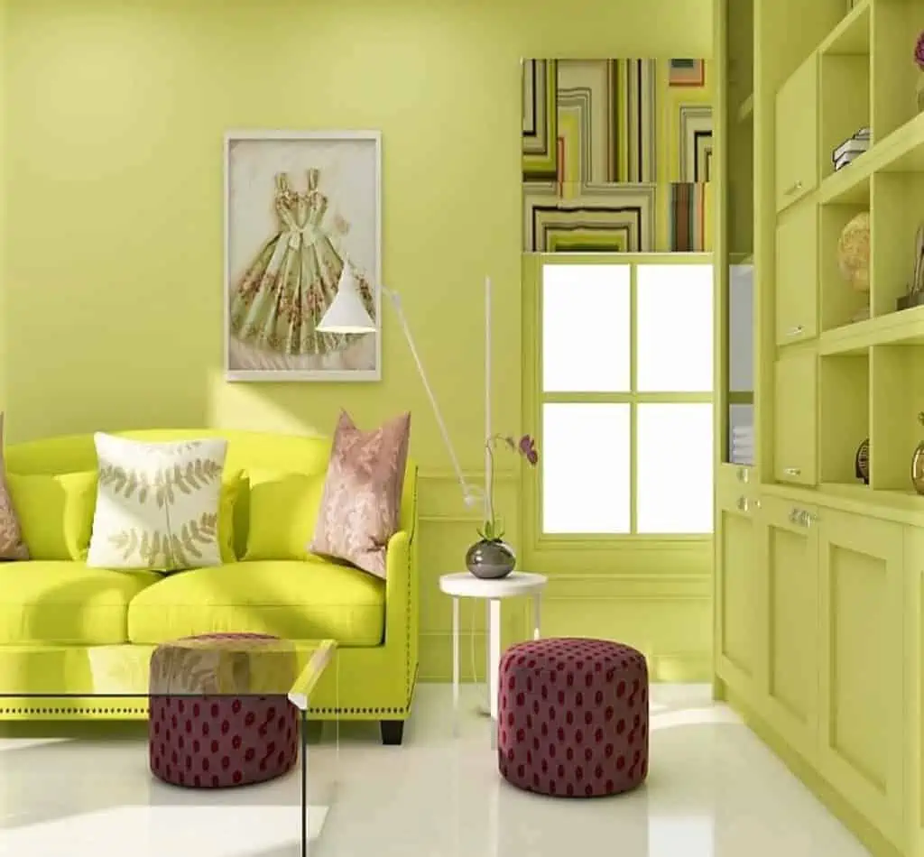 Lime green living room aesthetic with couch and ottomans