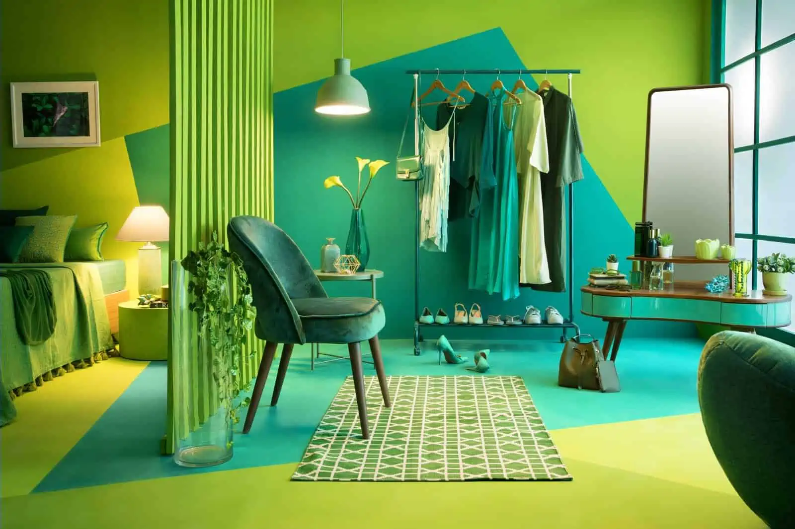 Monochromatic scheme of living room with green colour and with hanging wardrobe