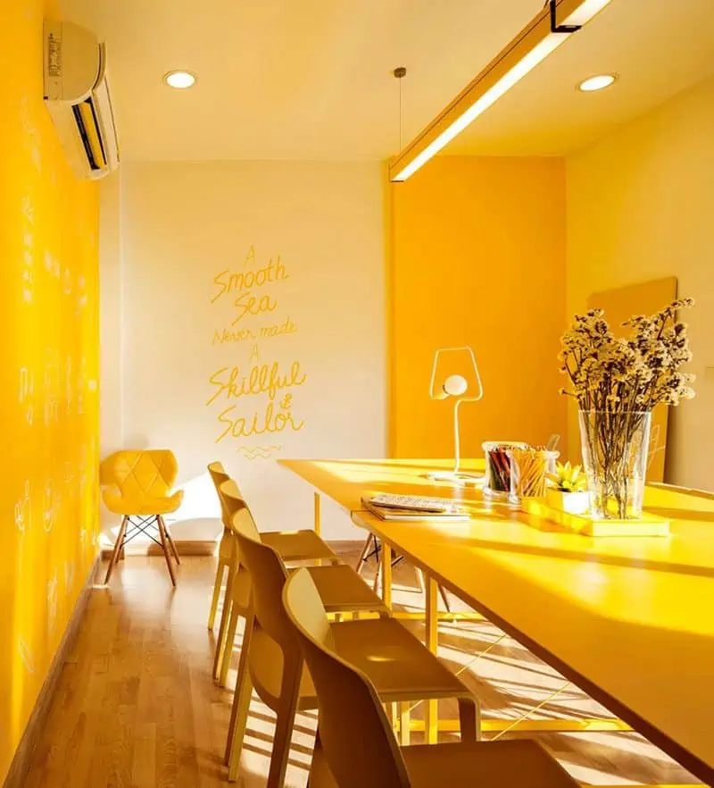 Yellow colour dining room with table and chairs