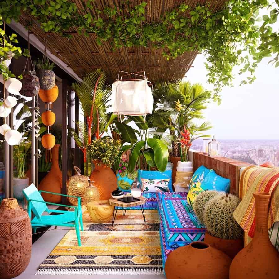 A nomadic balcony in orange with maximalist accessories decor