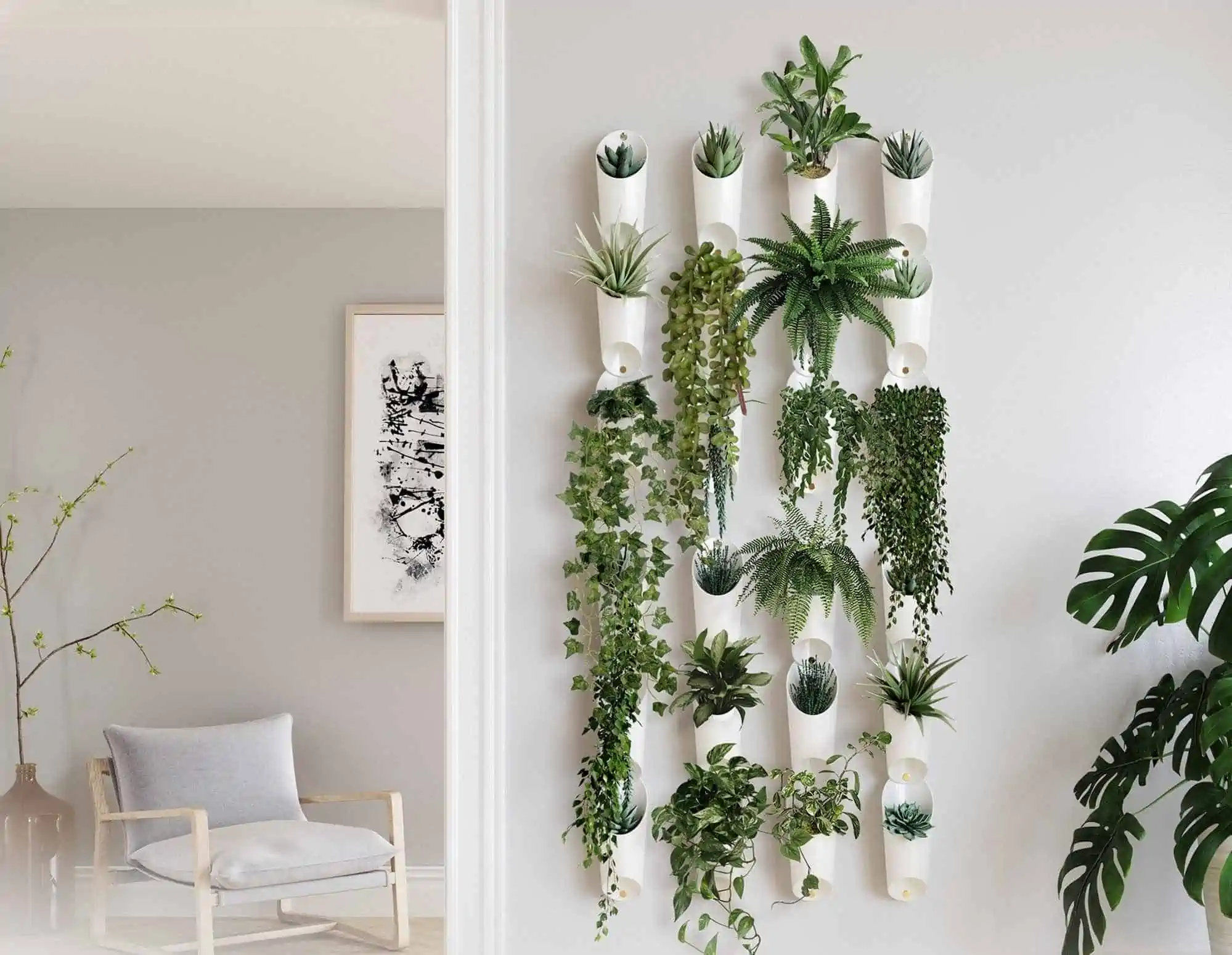ideas for wall decoration with plant display with green indoor plants and a white chair in a living room paper craft room or bedroom paper craft