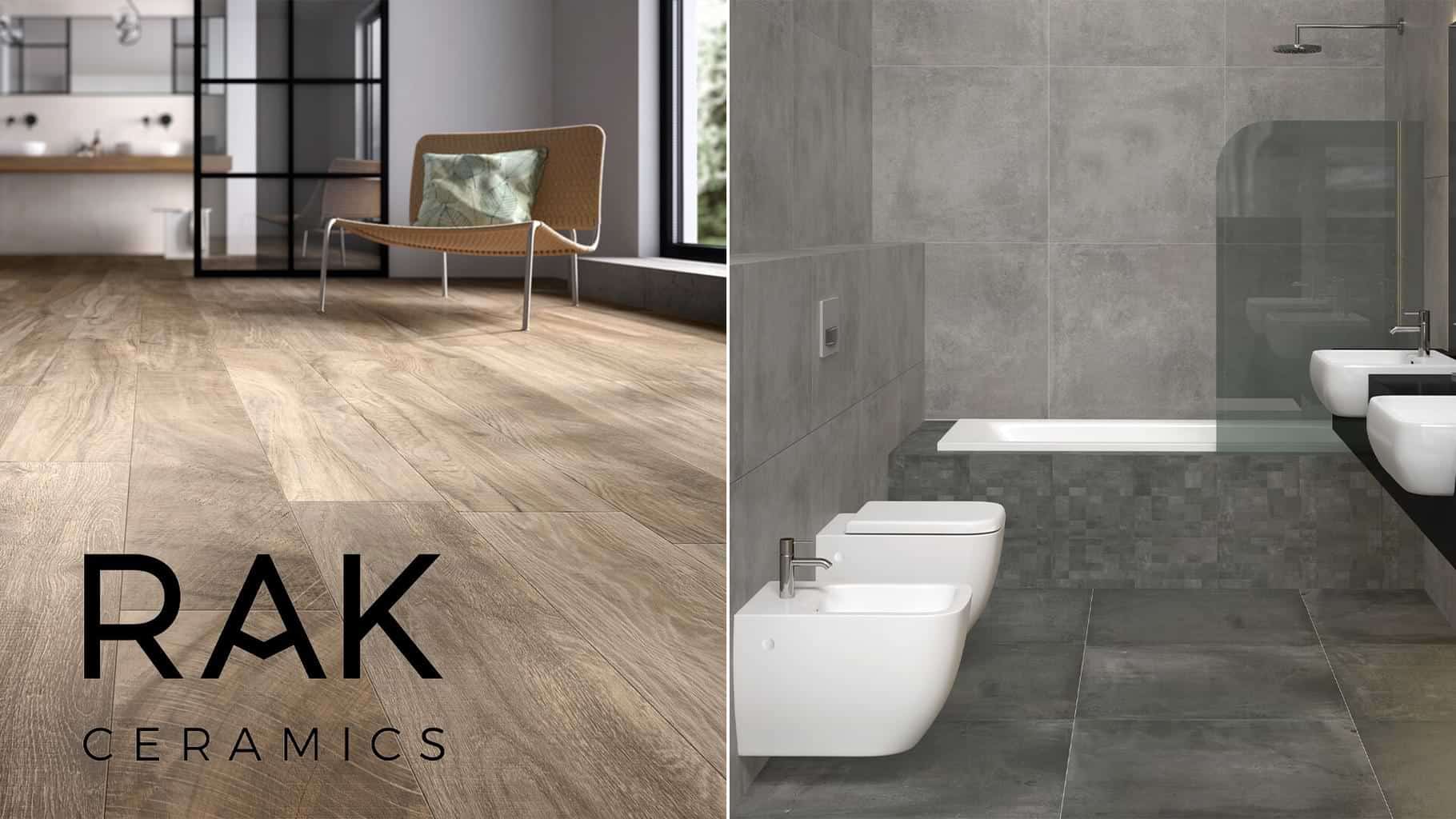RAK floors and sanitaryware with brand logo with brown and grey as dominant colours