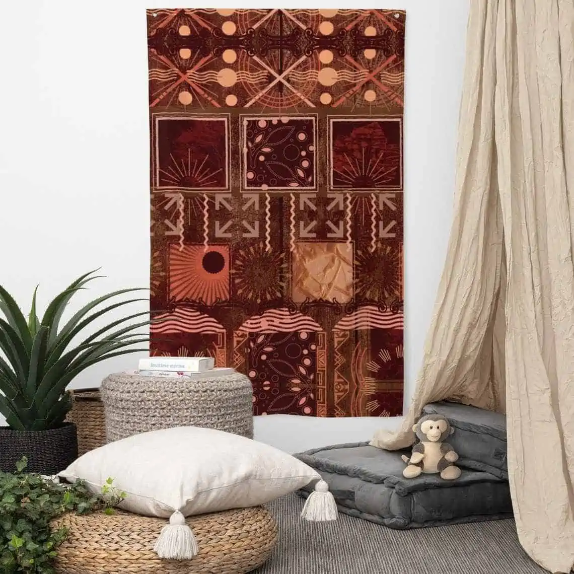 brown rug with light brown furniture and indoor plant ideas for wall decoration in living room