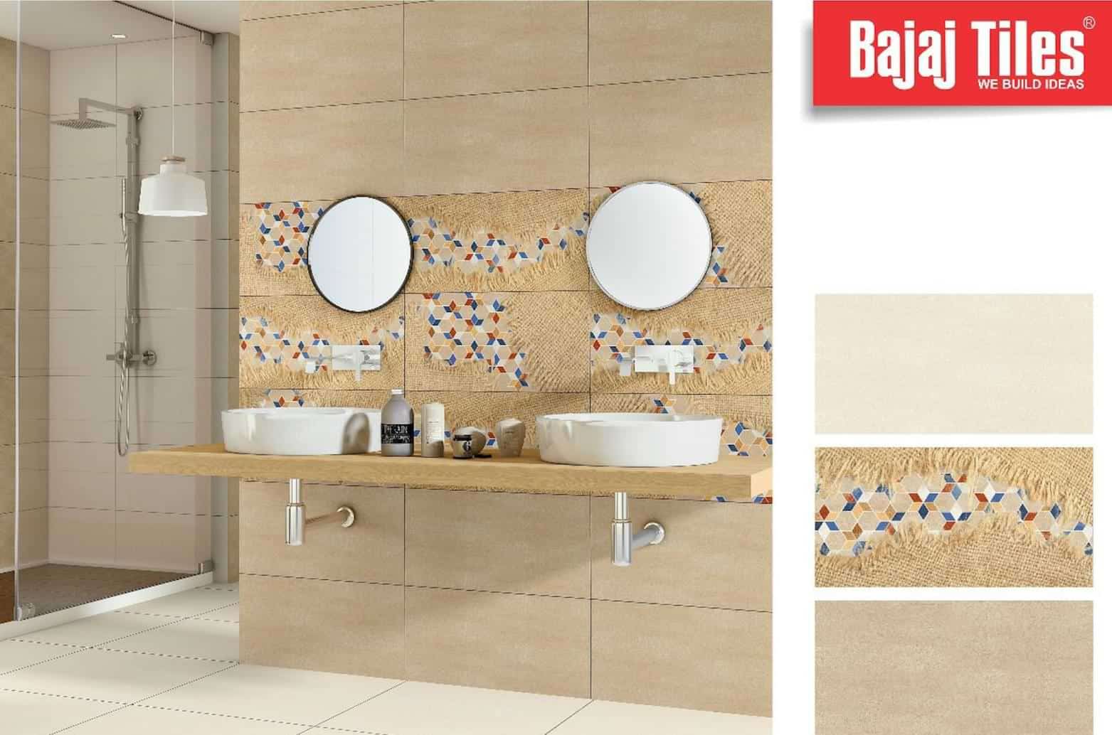 Bajaj tiles with logo and bathroom sink in cream colour