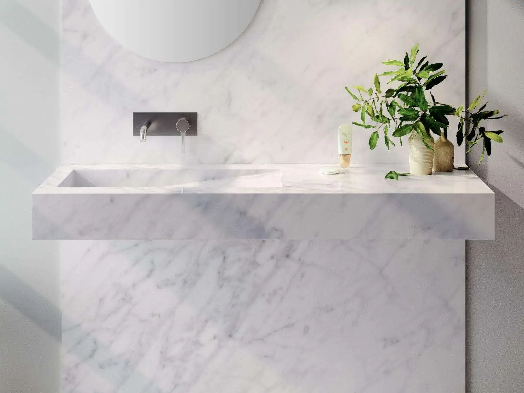 white marble design bathroom with a tap and a potted plant washbasin design with cabinet and a mirror in hall