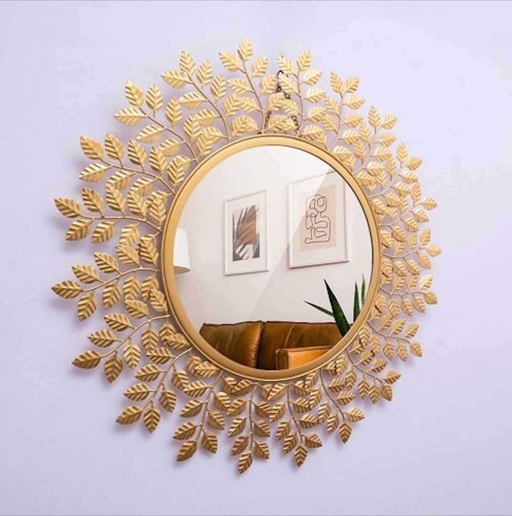 Wall round mirror hanging decor with golden leaves frame